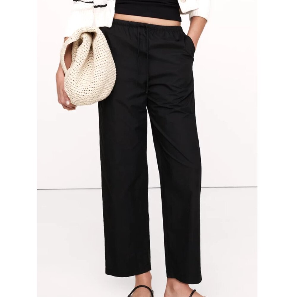 NWT Banana Republic Black Cotton Poplin Relaxed Pull-On Drawstring Pants PXS